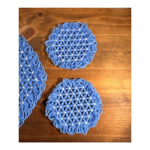 Handmade Crochet Coaster Set – 4 Small + 1 Large – Blue Cotton Mug Rugs - Picture 5 of 6